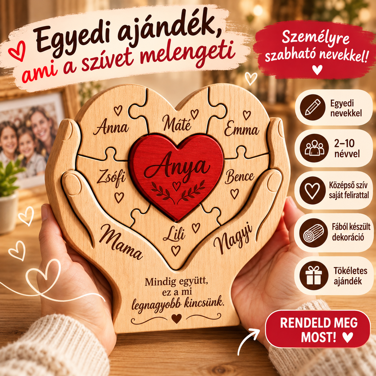 CsaládPuzzle – Egyedi fa kirakó nevekkel