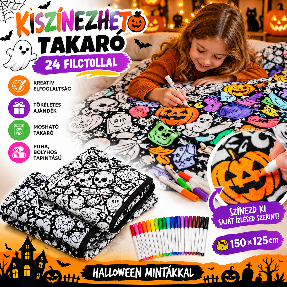 🎃 SzínÁlom Halloween – Kiszínezhető Takaró 24 Filctollal